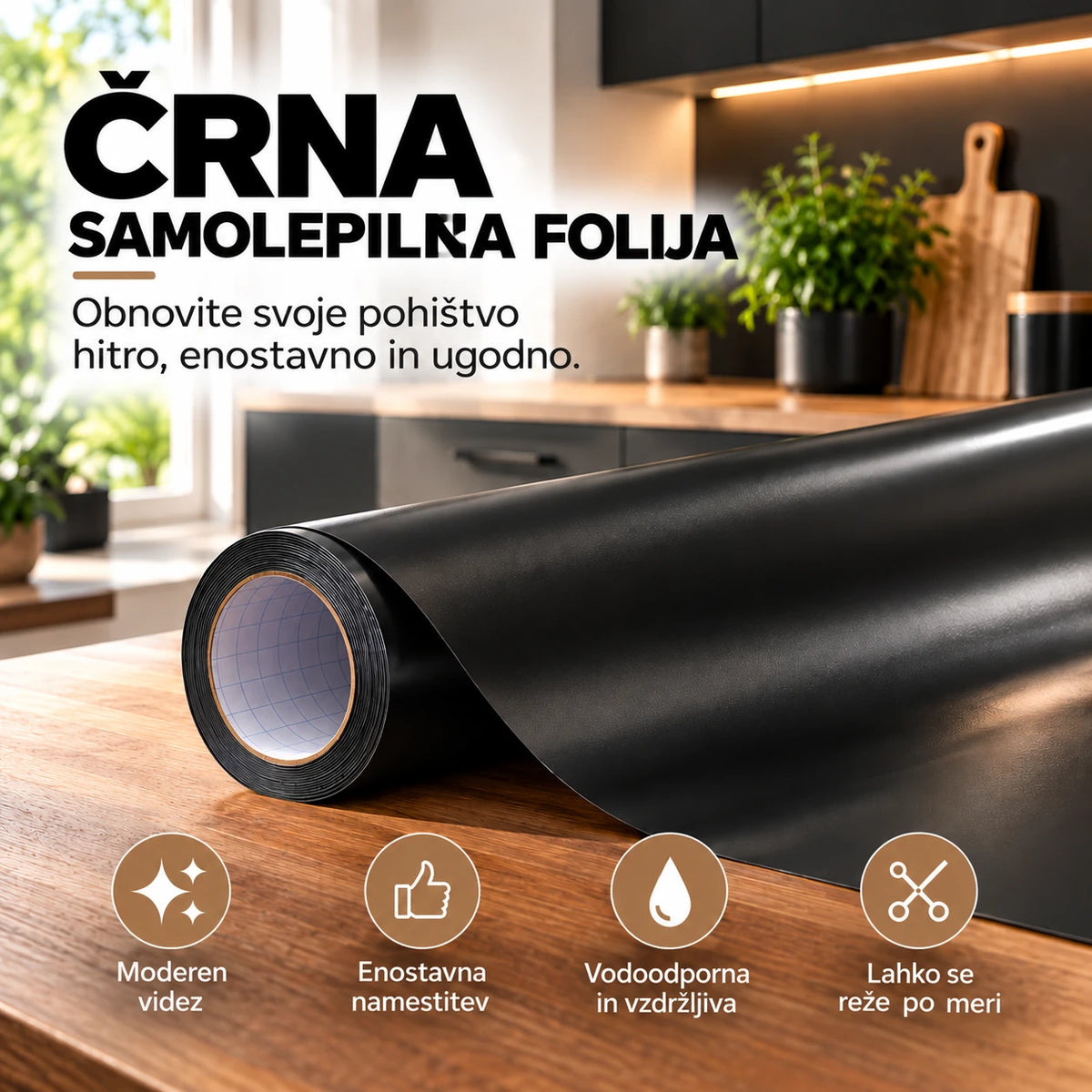 Črna samolepilna folija za hitro in enostavno prenovo pohištva