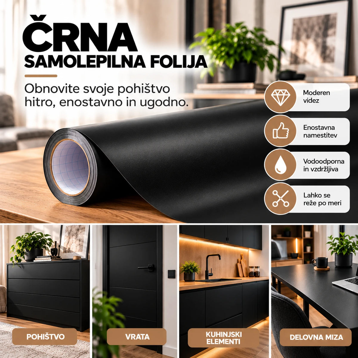 Črna samolepilna folija za pohištvo, vrata in delovne mize