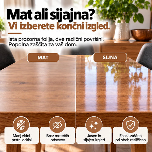 Prozorna PVC zaščitna folija na leseni mizi za ohranjanje naravnega videza pohištva