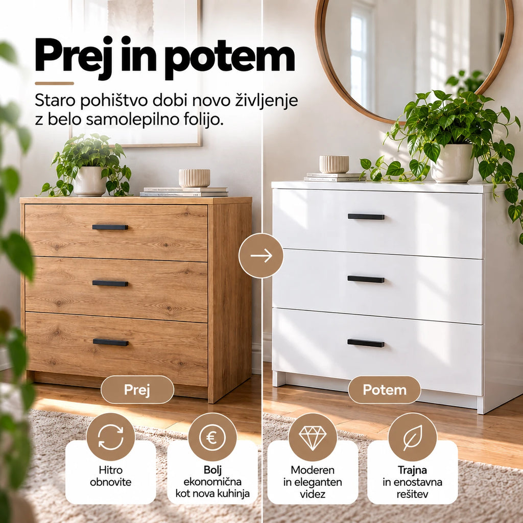 Enostavna namestitev bele samolepilne folije na pohištvo