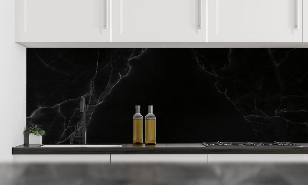 Plošče za kuhinje Black Marble stone - PVC plošče / Pleksi steklo - s tiskom za kuhinjo, Zidne obloge PKU055-Life-decor.si