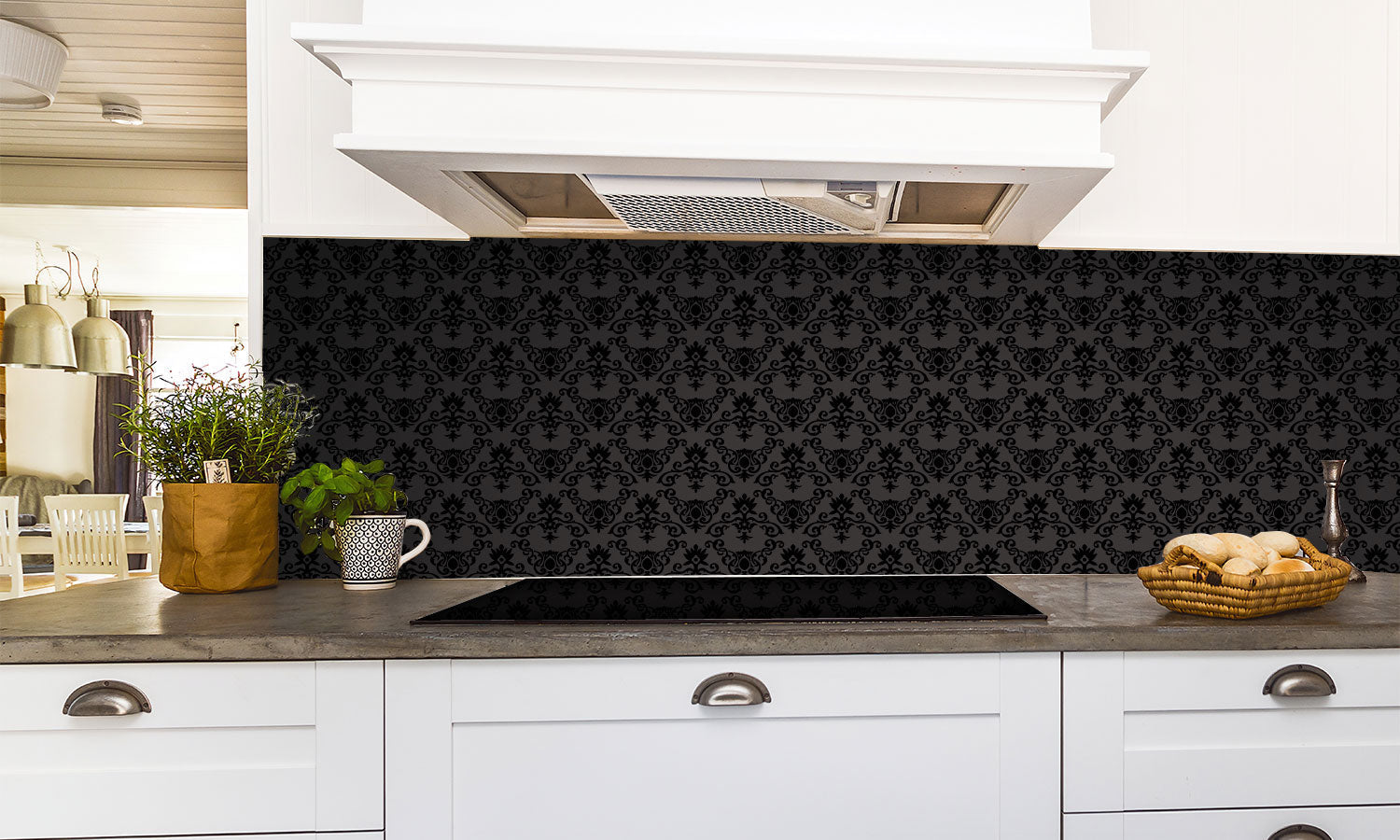 Plošče za kuhinje Black Seamless floral Pattern - PVC plošče / Pleksi steklo - s tiskom za kuhinjo, Zidne obloge PKU367-Life-decor.si