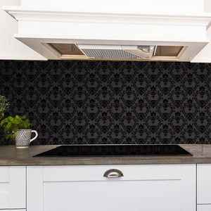 Plošče za kuhinje Black Seamless floral Pattern - PVC plošče / Pleksi steklo - s tiskom za kuhinjo, Zidne obloge PKU367-Life-decor.si