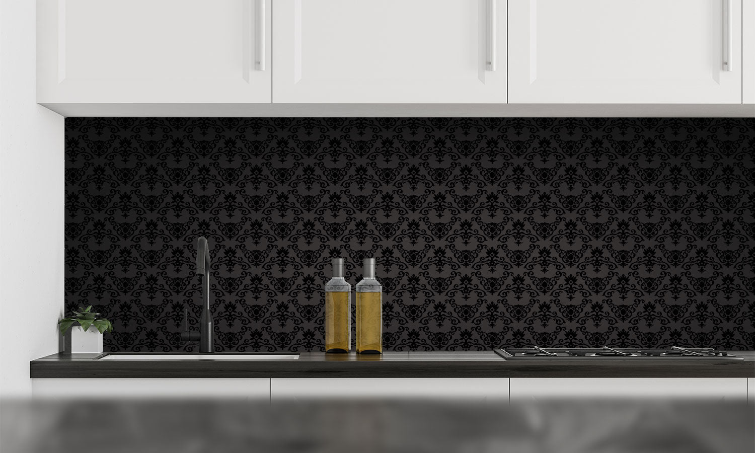 Plošče za kuhinje Black Seamless floral Pattern - PVC plošče / Pleksi steklo - s tiskom za kuhinjo, Zidne obloge PKU367-Life-decor.si