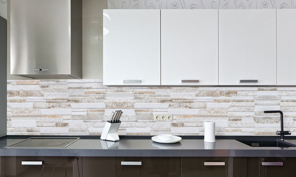 Plošče za kuhinje Brown white stone wall - PVC plošče / Pleksi steklo - s tiskom za kuhinjo, Zidne obloge PKU068-Life-decor.si