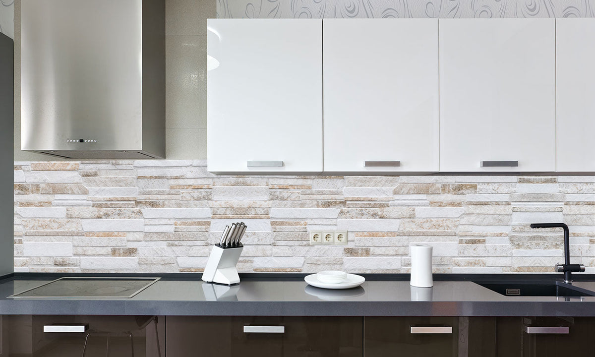 Plošče za kuhinje Brown white stone wall - PVC plošče / Pleksi steklo - s tiskom za kuhinjo, Zidne obloge PKU068-Life-decor.si