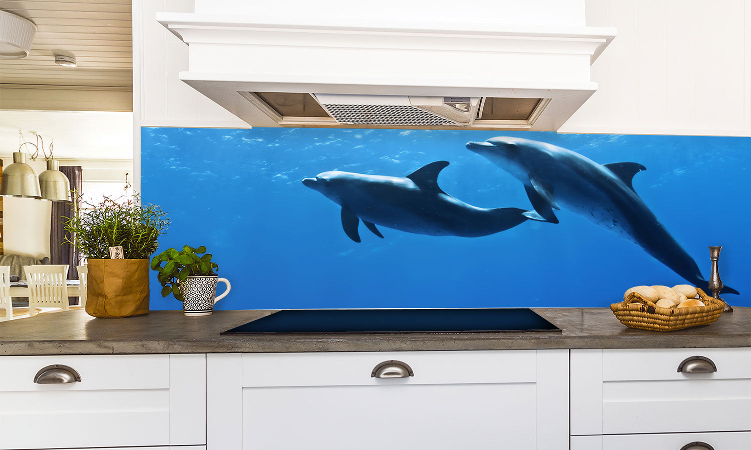 Plošče za kuhinje Dolphins underwater - PVC plošče / Pleksi steklo - s tiskom za kuhinjo, Zidne obloge PKU397-Life-decor.si