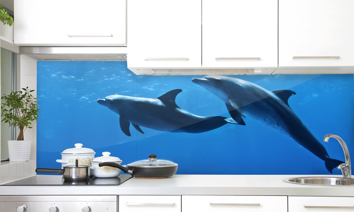 Plošče za kuhinje Dolphins underwater - PVC plošče / Pleksi steklo - s tiskom za kuhinjo, Zidne obloge PKU397-Life-decor.si