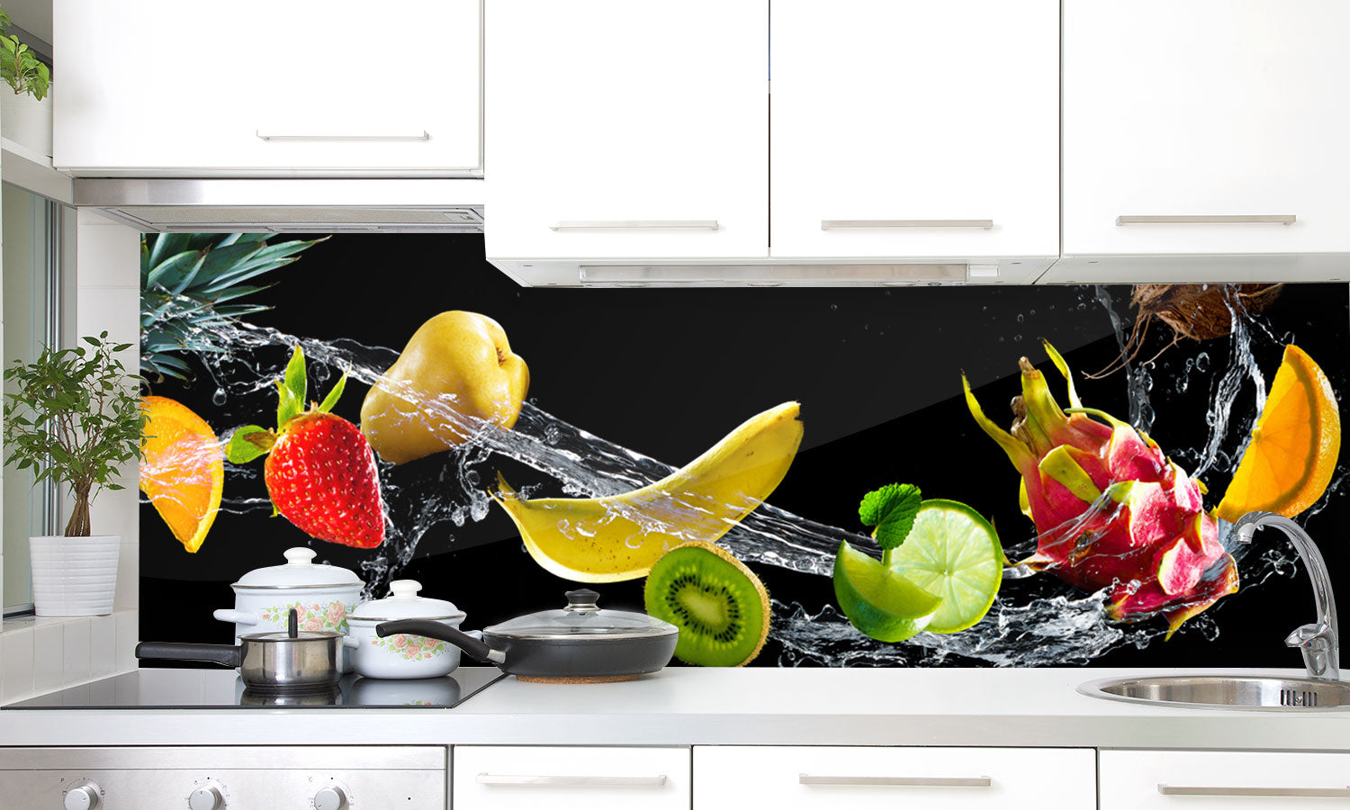 Plošče za kuhinje Fruits with water splash - PVC plošče / Pleksi steklo - s tiskom za kuhinjo, Zidne obloge PKU173-Life-decor.si