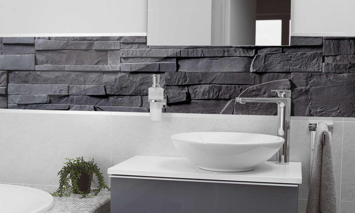 Plošče za kuhinje Gray stone wall - PVC plošče / Pleksi steklo - s tiskom za kuhinjo, Zidne obloge PKU075-Life-decor.si