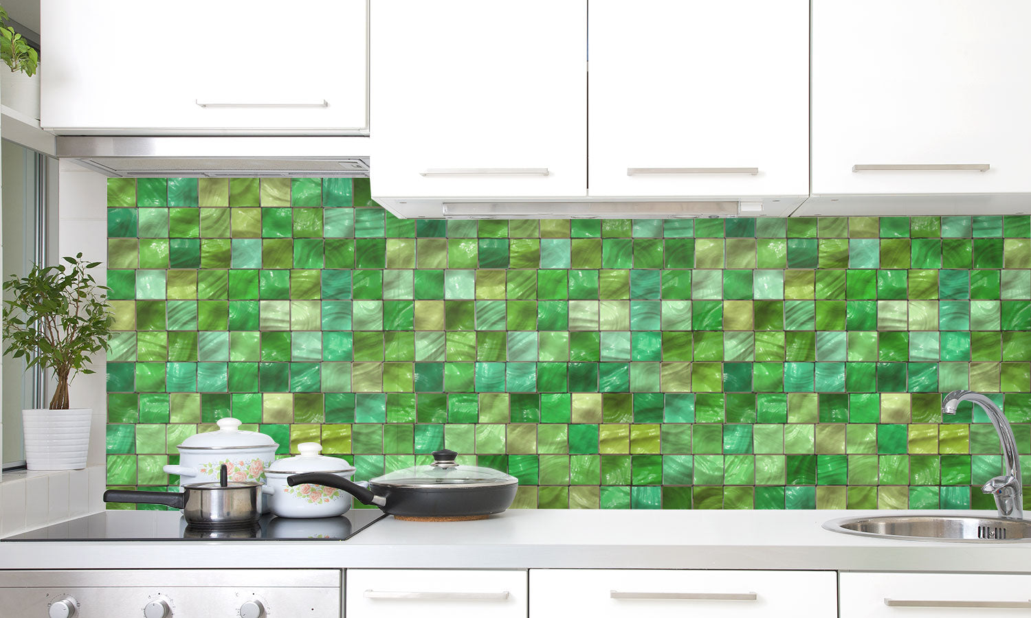 Plošče za kuhinje Green Ceramic tiles - PVC plošče / Pleksi steklo - s tiskom za kuhinjo, Zidne obloge PKU103-Life-decor.si