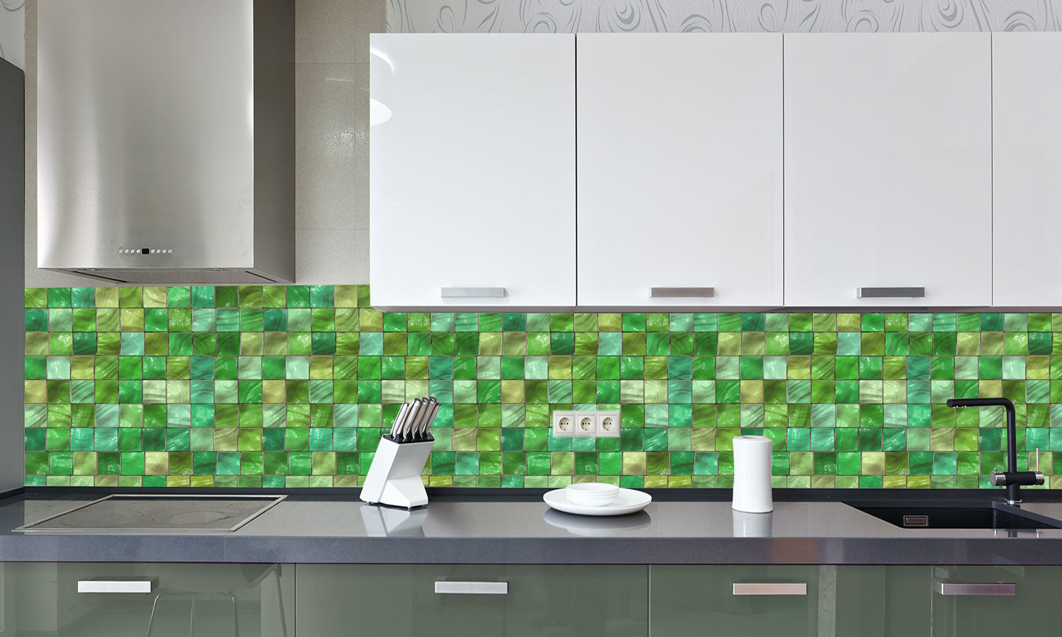 Plošče za kuhinje Green Ceramic tiles - PVC plošče / Pleksi steklo - s tiskom za kuhinjo, Zidne obloge PKU103-Life-decor.si