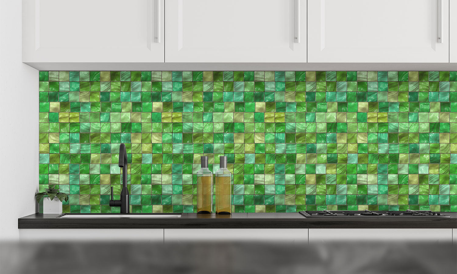 Plošče za kuhinje Green Ceramic tiles - PVC plošče / Pleksi steklo - s tiskom za kuhinjo, Zidne obloge PKU103-Life-decor.si