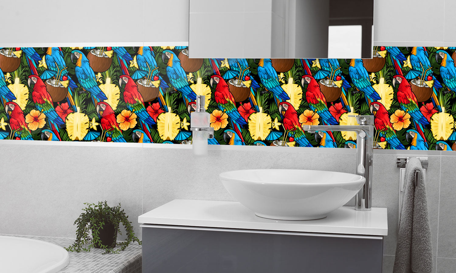 Plošče za kuhinje Macaw and tropical - PVC plošče / Pleksi steklo - s tiskom za kuhinjo, Zidne obloge PKU366-Life-decor.si