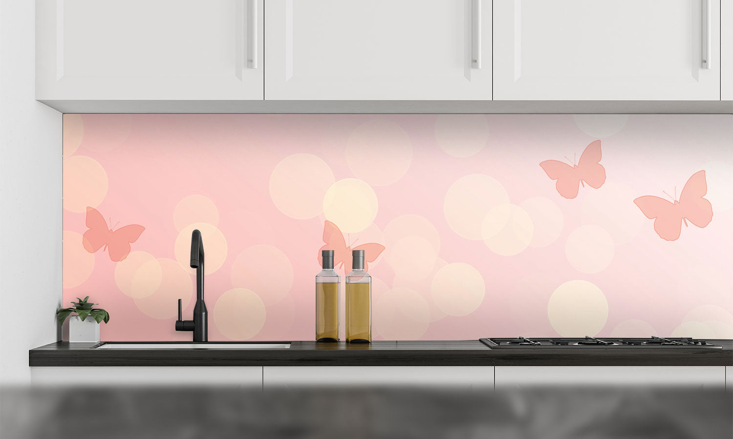 Plošče za kuhinje Pink butterflies - PVC plošče / Pleksi steklo - s tiskom za kuhinjo, Zidne obloge PKU153-Life-decor.si