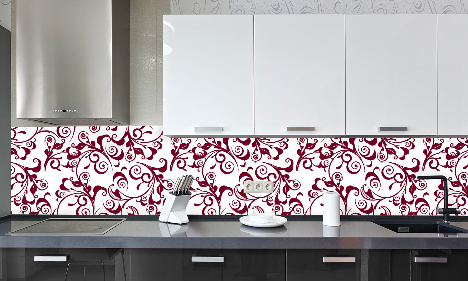 Plošče za kuhinje Red damask - PVC plošče / Pleksi steklo - s tiskom za kuhinjo, Zidne obloge PKU336-Life-decor.si