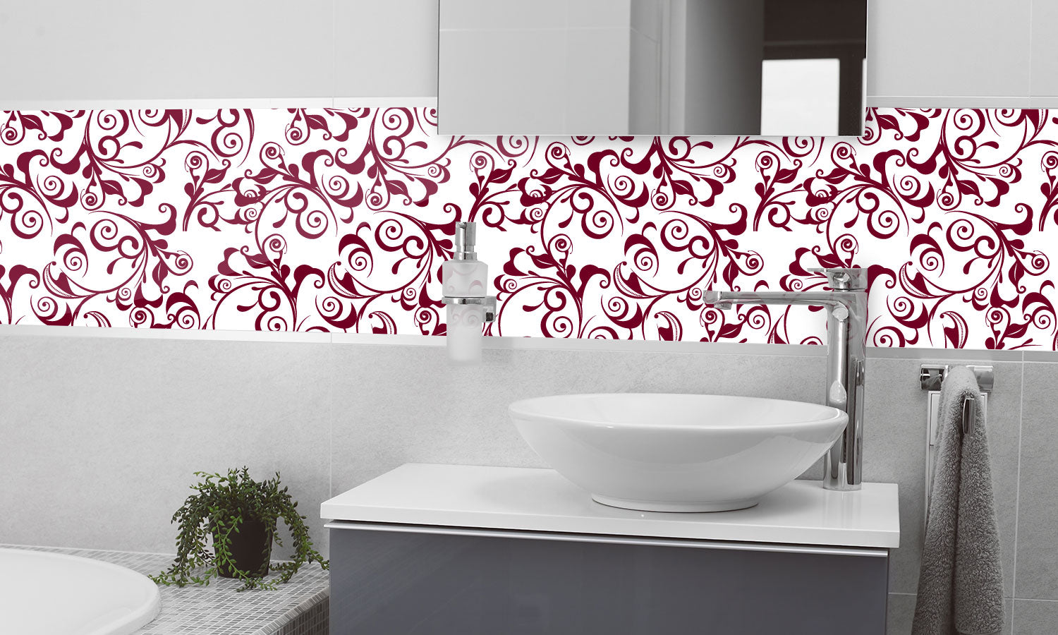 Plošče za kuhinje Red damask - PVC plošče / Pleksi steklo - s tiskom za kuhinjo, Zidne obloge PKU336-Life-decor.si