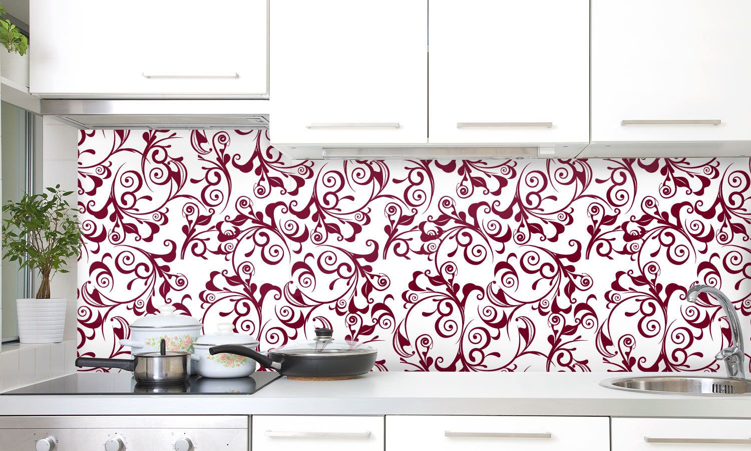 Plošče za kuhinje Red damask - PVC plošče / Pleksi steklo - s tiskom za kuhinjo, Zidne obloge PKU336-Life-decor.si