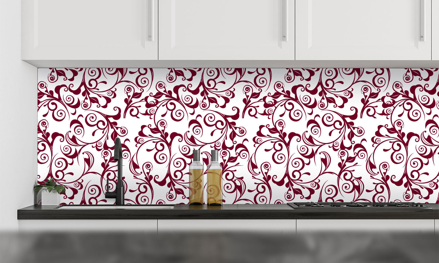 Plošče za kuhinje Red damask - PVC plošče / Pleksi steklo - s tiskom za kuhinjo, Zidne obloge PKU336-Life-decor.si