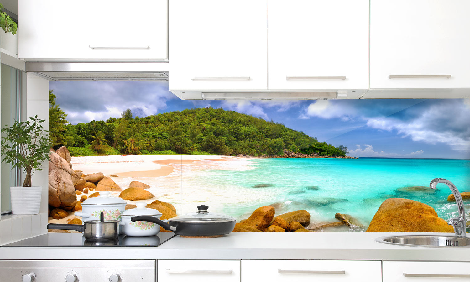 Plošče za kuhinje Seychelles beach panorama - PVC plošče / Pleksi steklo - s tiskom za kuhinjo, Zidne obloge PKU224-Life-decor.si