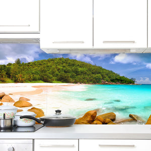 Plošče za kuhinje Seychelles beach panorama - PVC plošče / Pleksi steklo - s tiskom za kuhinjo, Zidne obloge PKU224-Life-decor.si