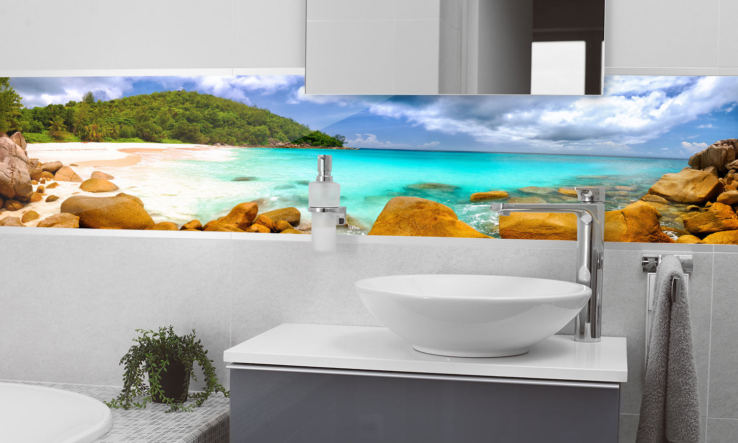 Plošče za kuhinje Seychelles beach panorama - PVC plošče / Pleksi steklo - s tiskom za kuhinjo, Zidne obloge PKU224-Life-decor.si