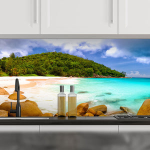 Plošče za kuhinje Seychelles beach panorama - PVC plošče / Pleksi steklo - s tiskom za kuhinjo, Zidne obloge PKU224-Life-decor.si