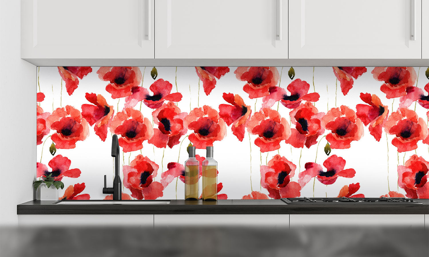 Plošče za kuhinje Stylized Poppy flowers - PVC plošče / Pleksi steklo - s tiskom za kuhinjo, Zidne obloge PKU119-Life-decor.si