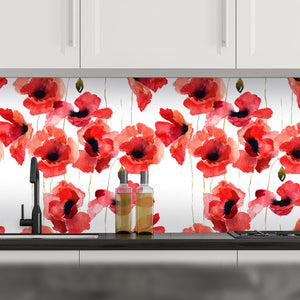 Plošče za kuhinje Stylized Poppy flowers - PVC plošče / Pleksi steklo - s tiskom za kuhinjo, Zidne obloge PKU119-Life-decor.si