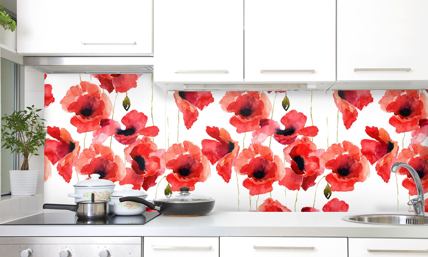 Plošče za kuhinje Stylized Poppy flowers - PVC plošče / Pleksi steklo - s tiskom za kuhinjo, Zidne obloge PKU119-Life-decor.si