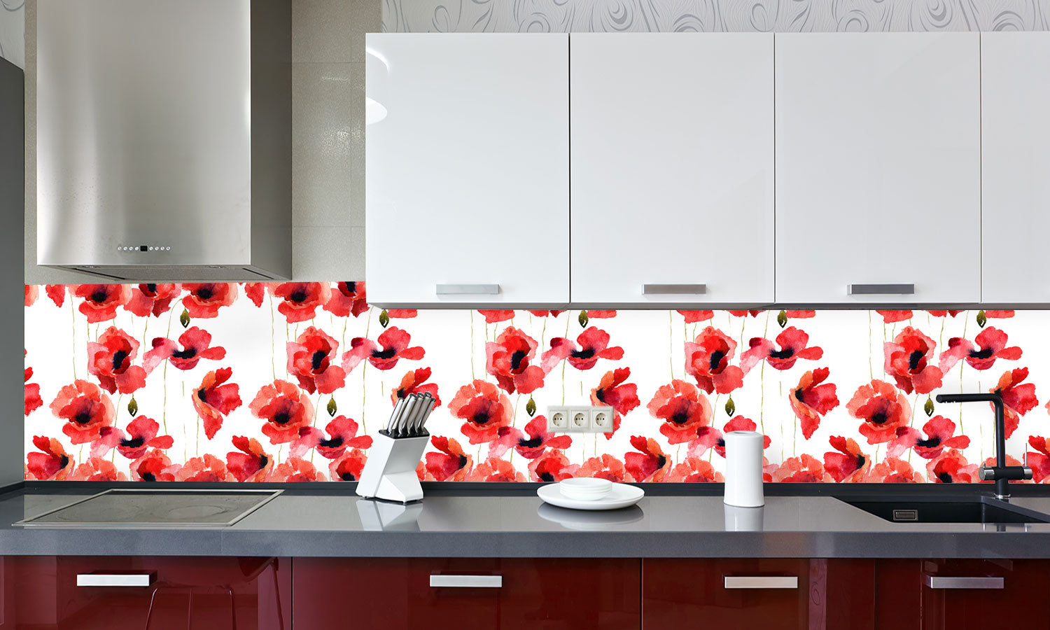 Plošče za kuhinje Stylized Poppy flowers - PVC plošče / Pleksi steklo - s tiskom za kuhinjo, Zidne obloge PKU119-Life-decor.si