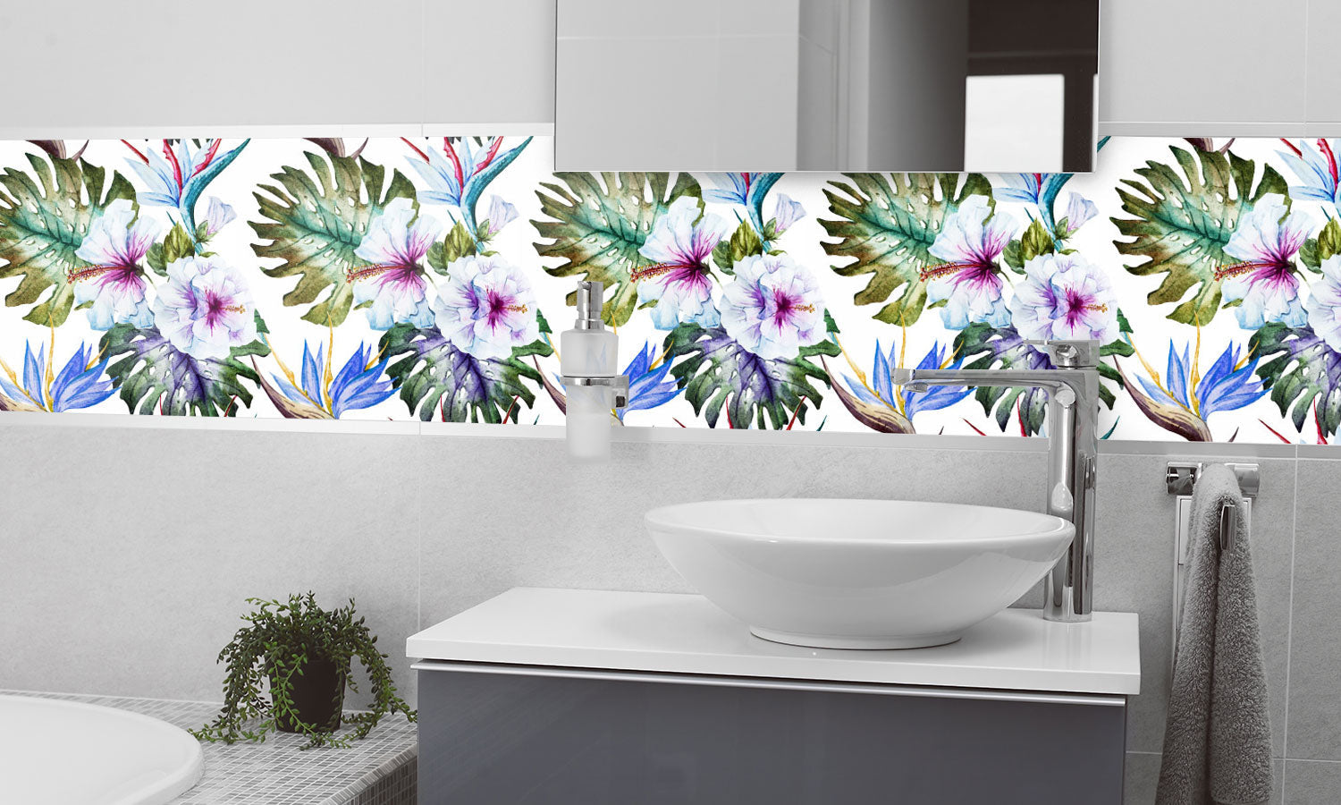 Plošče za kuhinje Watercolor hibiscus patterns - PVC plošče / Pleksi steklo - s tiskom za kuhinjo, Zidne obloge PKU348-Life-decor.si