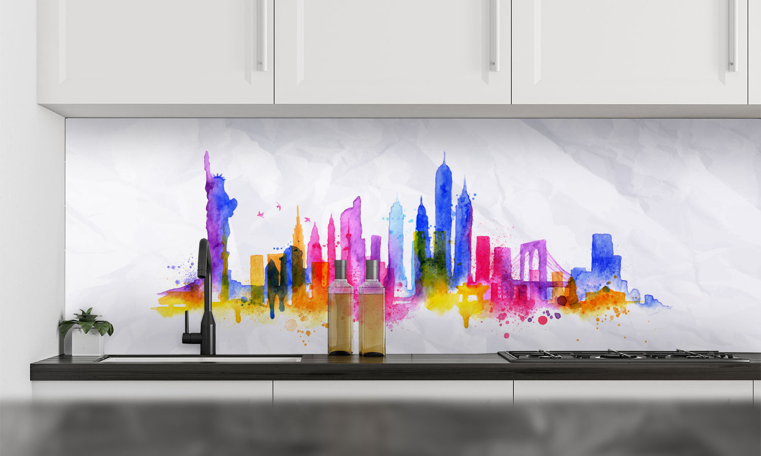 Plošče za kuhinje Watercolor New york - PVC plošče / Pleksi steklo - s tiskom za kuhinjo, Zidne obloge PKU254-Life-decor.si