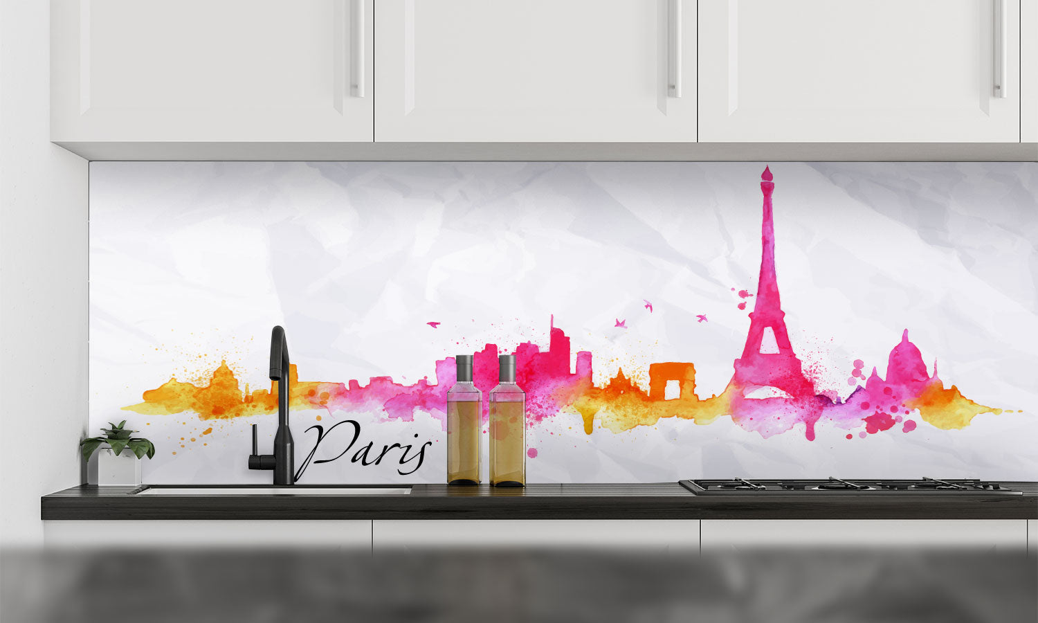 Plošče za kuhinje Watercolor Paris - PVC plošče / Pleksi steklo - s tiskom za kuhinjo, Zidne obloge PKU253-Life-decor.si