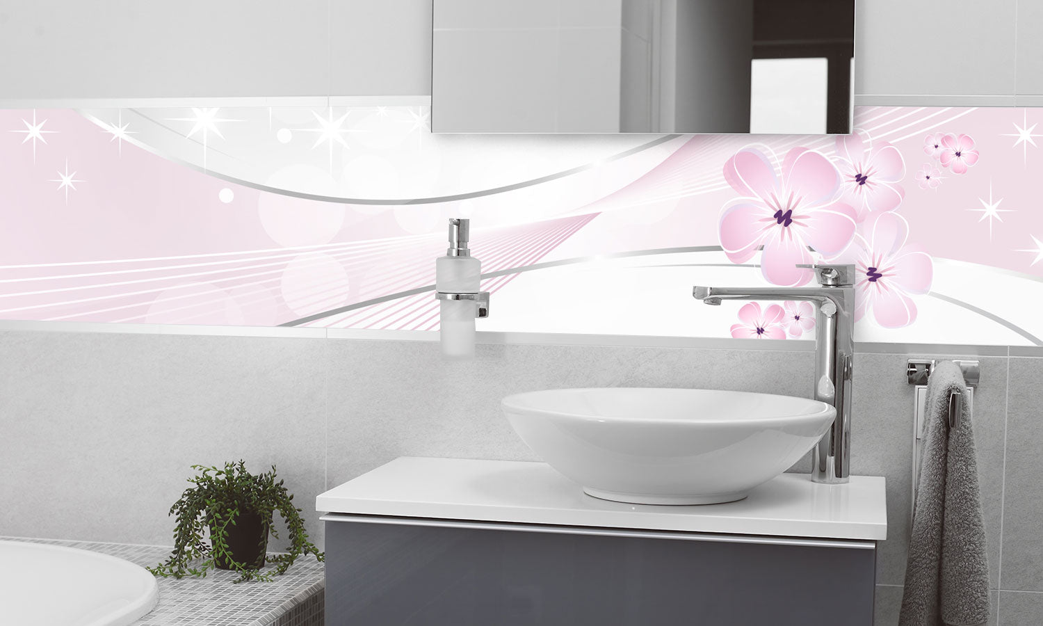 Plošče za kuhinje White and pink floral design - PVC plošče / Pleksi steklo - s tiskom za kuhinjo, Zidne obloge PKU158-Life-decor.si