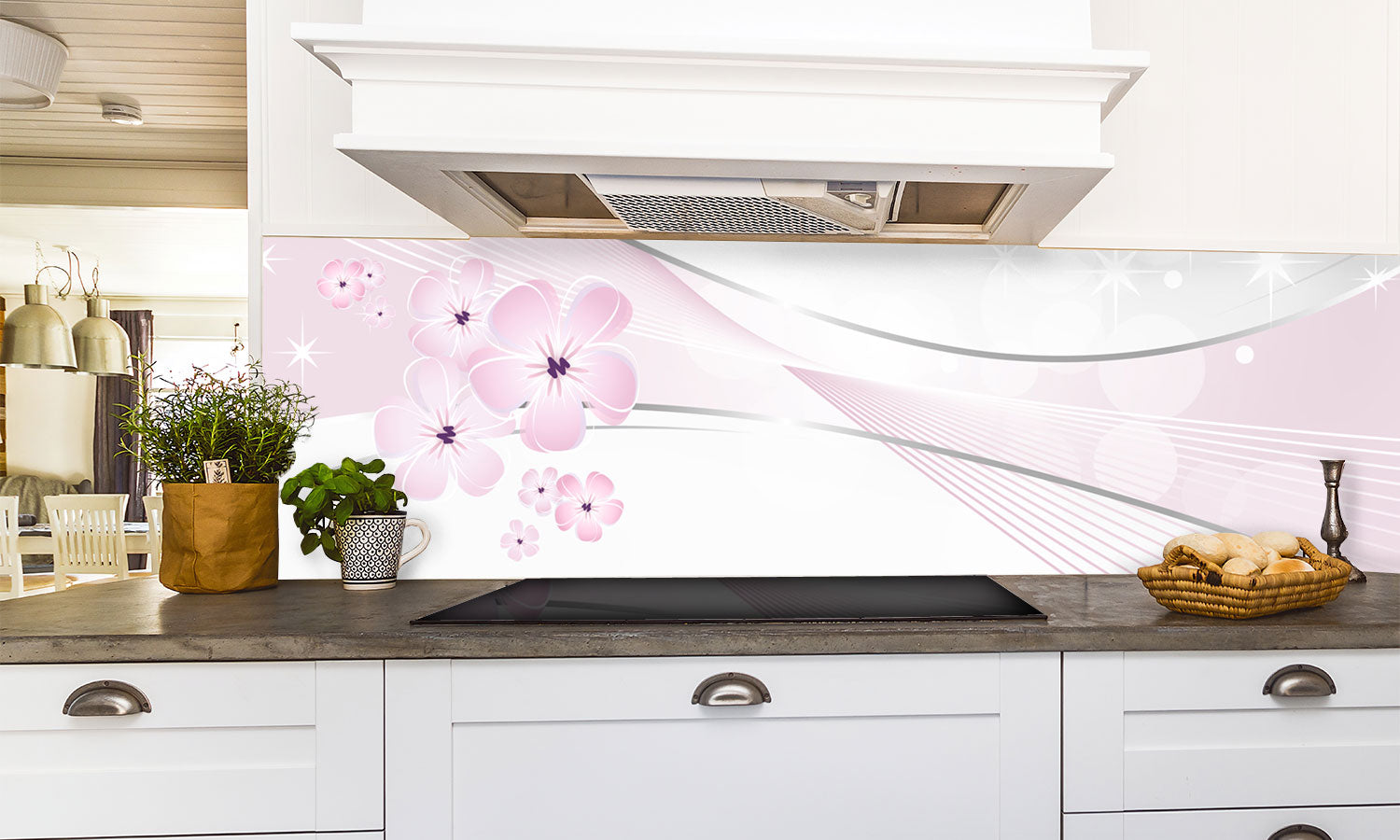 Plošče za kuhinje White and pink floral design - PVC plošče / Pleksi steklo - s tiskom za kuhinjo, Zidne obloge PKU158-Life-decor.si