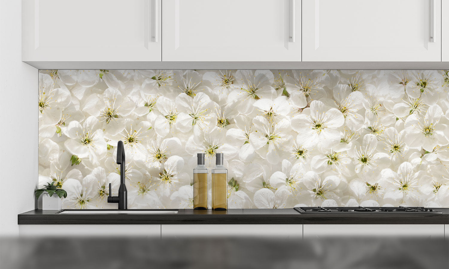 Plošče za kuhinje White cherry flowers - PVC plošče / Pleksi steklo - s tiskom za kuhinjo, Zidne obloge PKU023-Life-decor.si