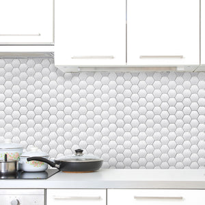 Plošče za kuhinje White shiny hexagon- PVC plošče / Pleksi steklo - s tiskom za kuhinjo, Zidne obloge PKU105-Life-decor.si