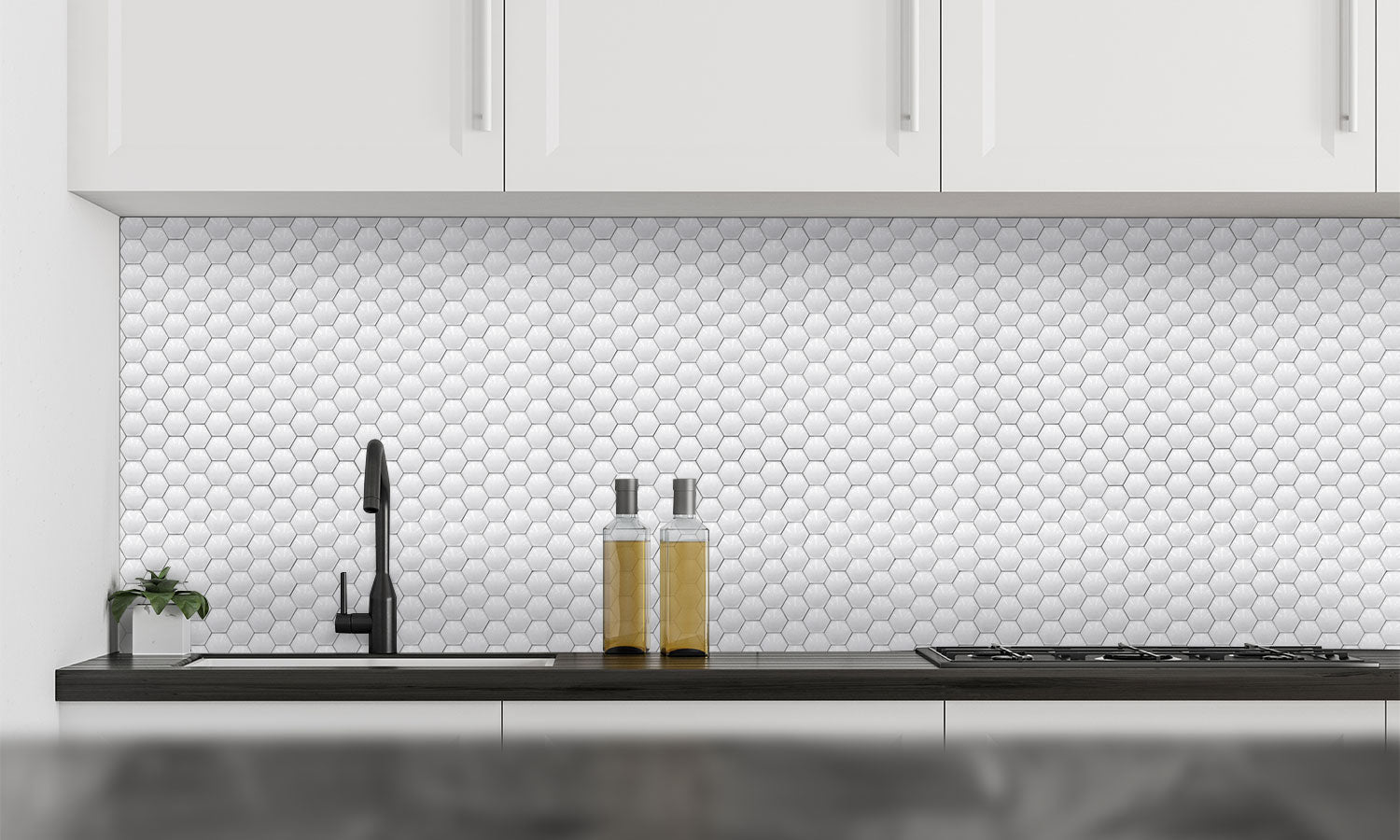 Plošče za kuhinje White shiny hexagon- PVC plošče / Pleksi steklo - s tiskom za kuhinjo, Zidne obloge PKU105-Life-decor.si