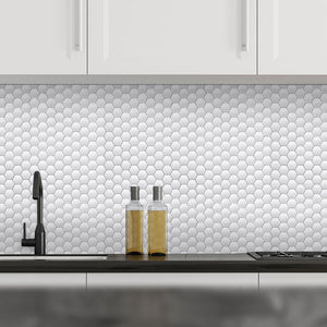 Plošče za kuhinje White shiny hexagon- PVC plošče / Pleksi steklo - s tiskom za kuhinjo, Zidne obloge PKU105-Life-decor.si