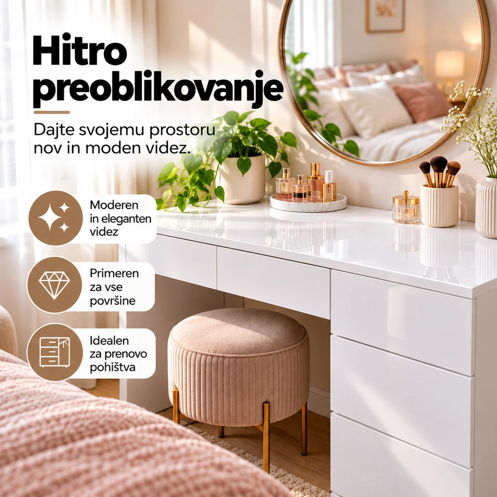 Prenova starega pohištva z belo samolepilno folijo