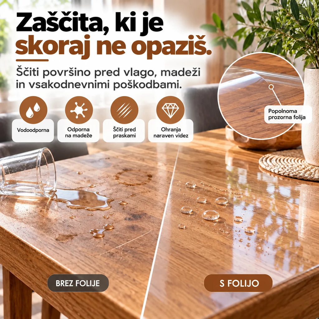 Primerjava mat in sijajne prozorne samolepilne folije na leseni površini