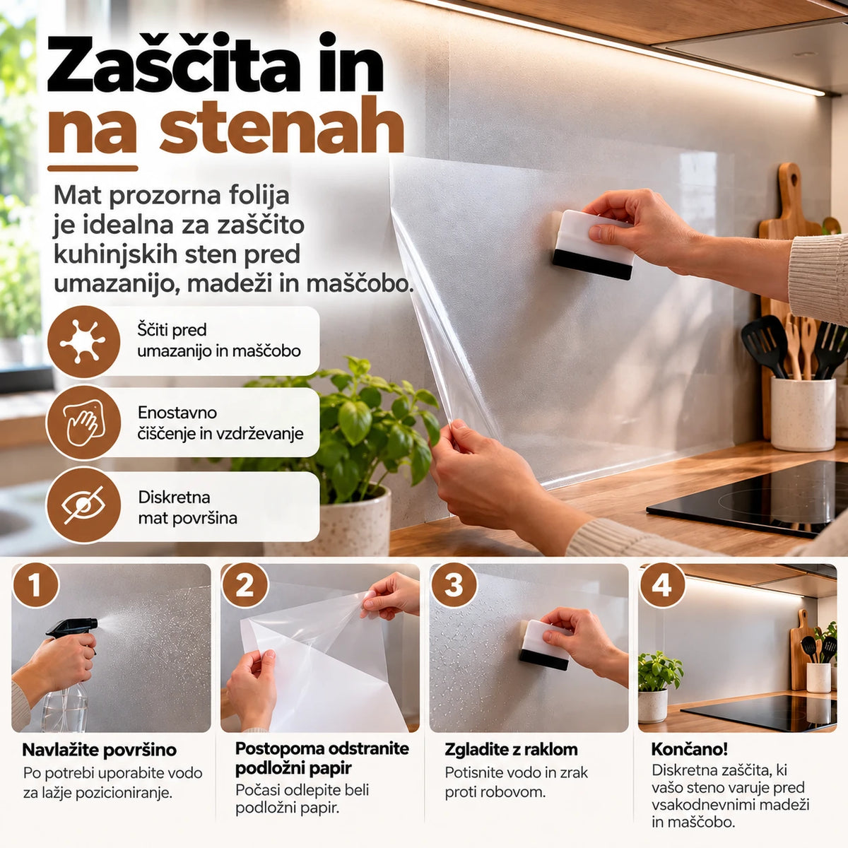 Vodoodporna prozorna samolepilna folija za zaščito lesene mize pred vlago in madeži