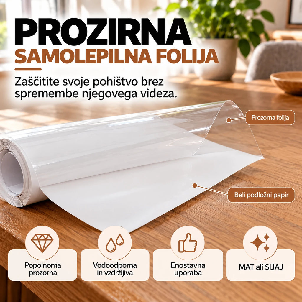 Prozorna samolepilna folija za zaščito pohištva pred praskami, madeži in vsakodnevno obrabo