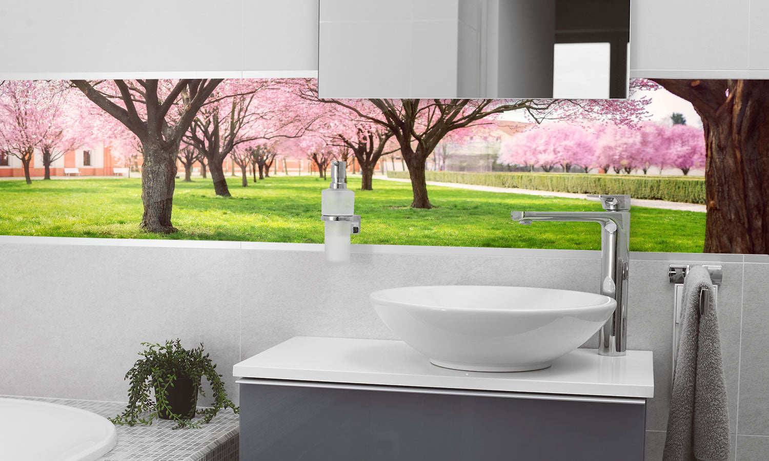 Stakla za kuhinje Cherry blossom trees Alley - PVC plošče / Pleksi steklo - s tiskom za kuhinjo, Zidne obloge PKU295-Life-decor.si