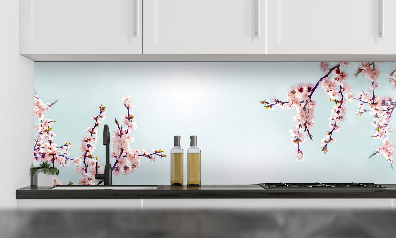 Stakla za kuhinje Cherry pink blossoms - PVC plošče / Pleksi steklo - s tiskom za kuhinjo, Zidne obloge PKU297-Life-decor.si