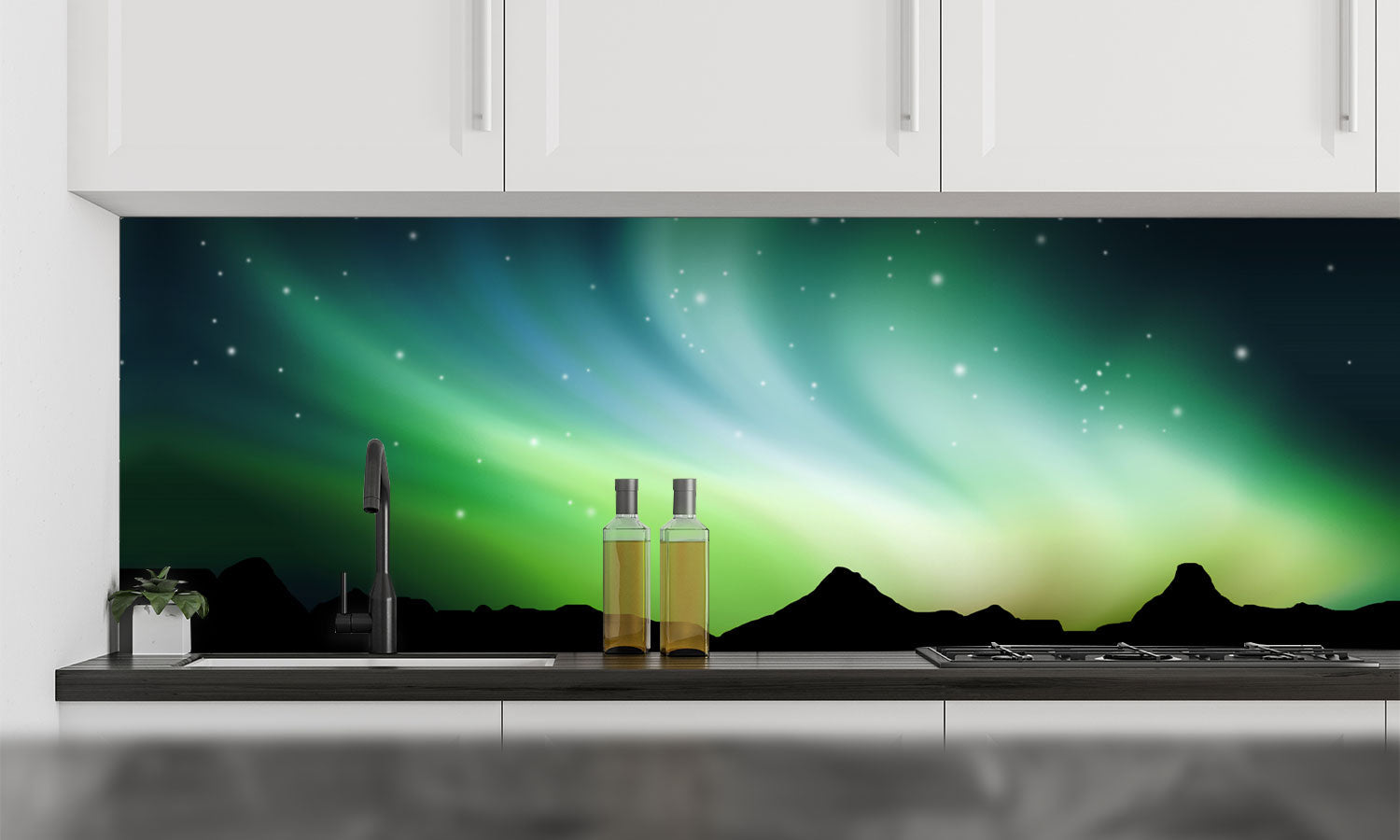 Stakla za kuhinje Northern lights - PVC plošče / Pleksi steklo - s tiskom za kuhinjo, Zidne obloge PKU257-Life-decor.si