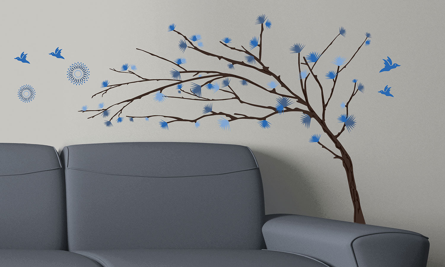 Stenske nalepke drevo z modrimi cvetovi - WS033