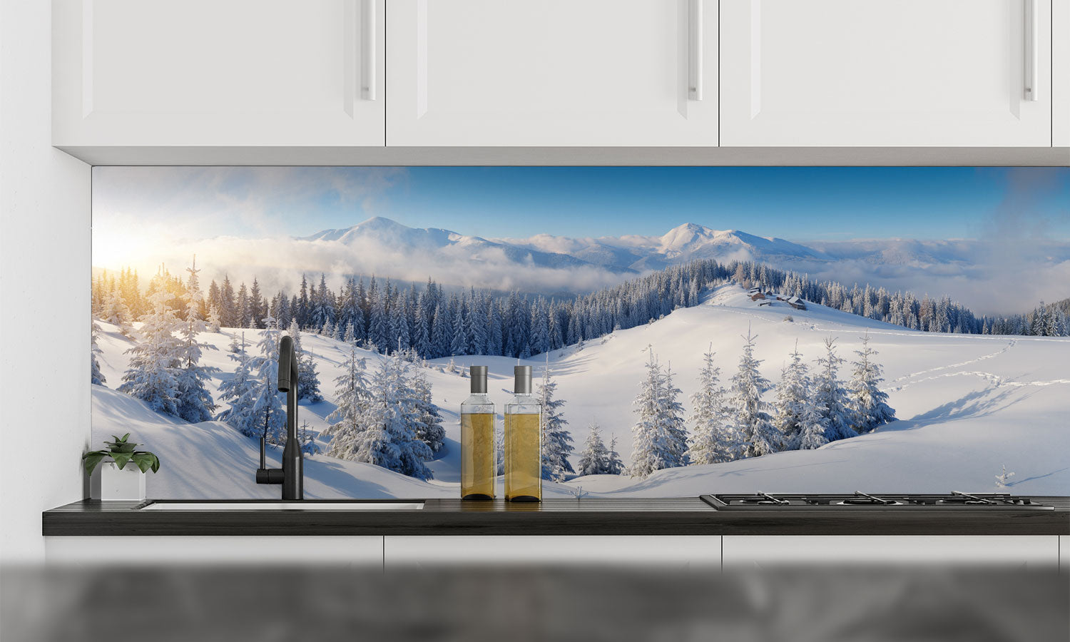 Kuhinjski paneli  Winter mountains - Stekleni / PVC plošče / Pleksi steklo - s tiskom za kuhinjo, Stenske obloge PKU019 - Life-decor.si