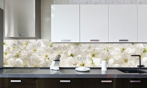 Kuhinjski paneli  White cherry flowers - Stekleni / PVC plošče / Pleksi steklo - s tiskom za kuhinjo, Stenske obloge PKU023 - Life-decor.si